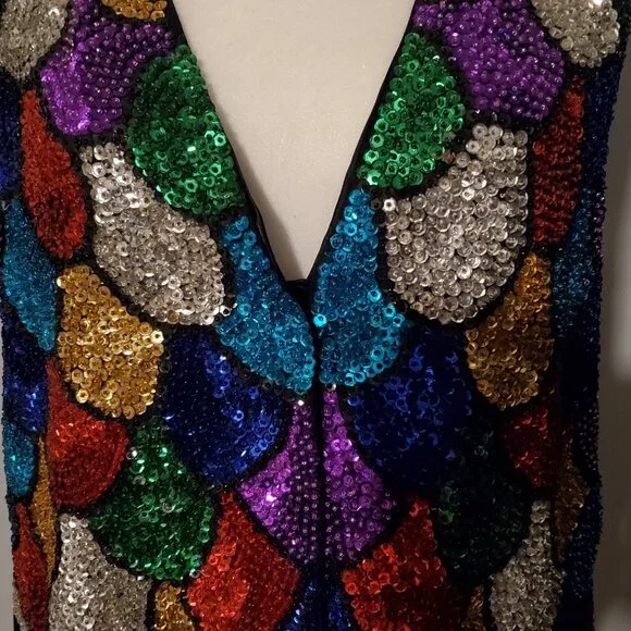 Vintage Venezia Sequins Multi Colored Bling Beaded Vest Rainbow Colors Dopamine - Picture 2 of 12